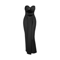 Ruched hollow out slit solid tube cut out maxi dress