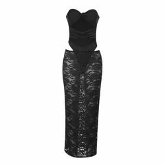 Hollow out knotted lace tube maxi skirt set
