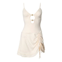 V neck hollow out ruched drawstring cami cut out mini dress
