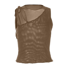 Hollow out mesh crewneck ruffle solid cut out top
