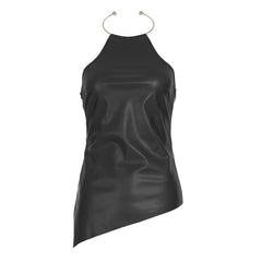 Halter PU leather irregular zip-up top
