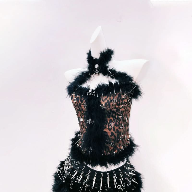 Leopard print fluffy rivet PU leather top