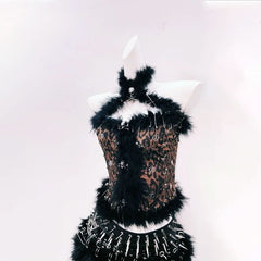 Leopard print fluffy rivet PU leather top