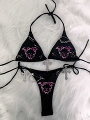 Halter self tie cross applique short pant set
