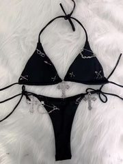 Halter self tie cross applique short pant set