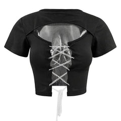 Short sleeve hollow out metal chain lace up ribbed cut out top