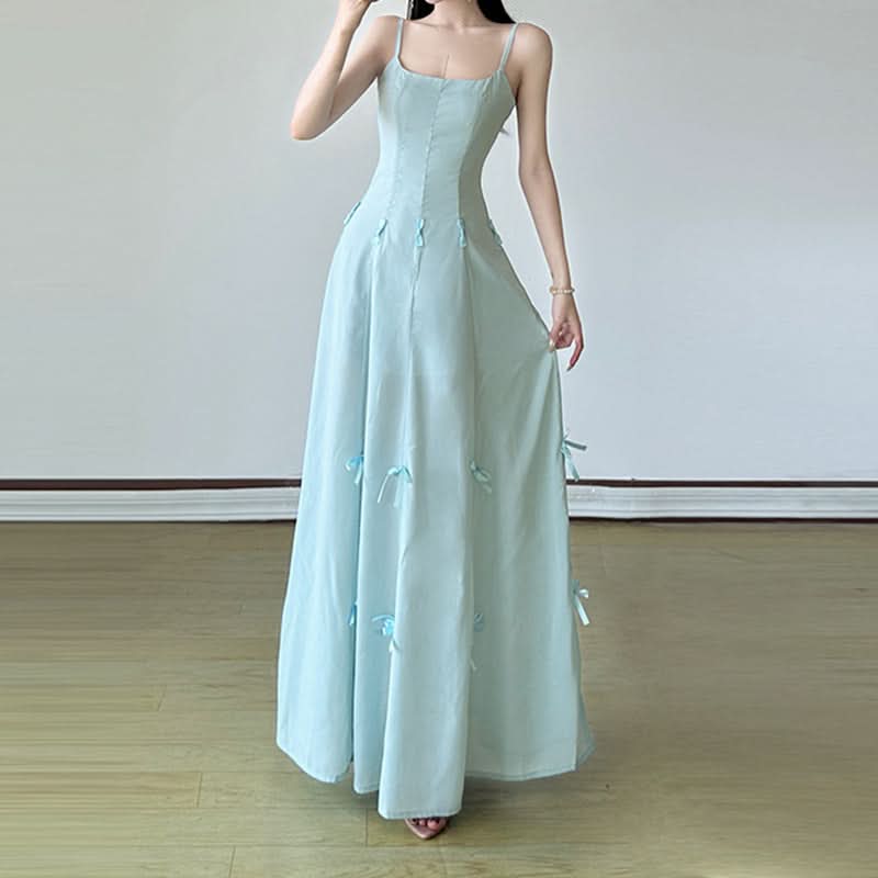 Bowknot mesh zip-up u neck cami maxi dress