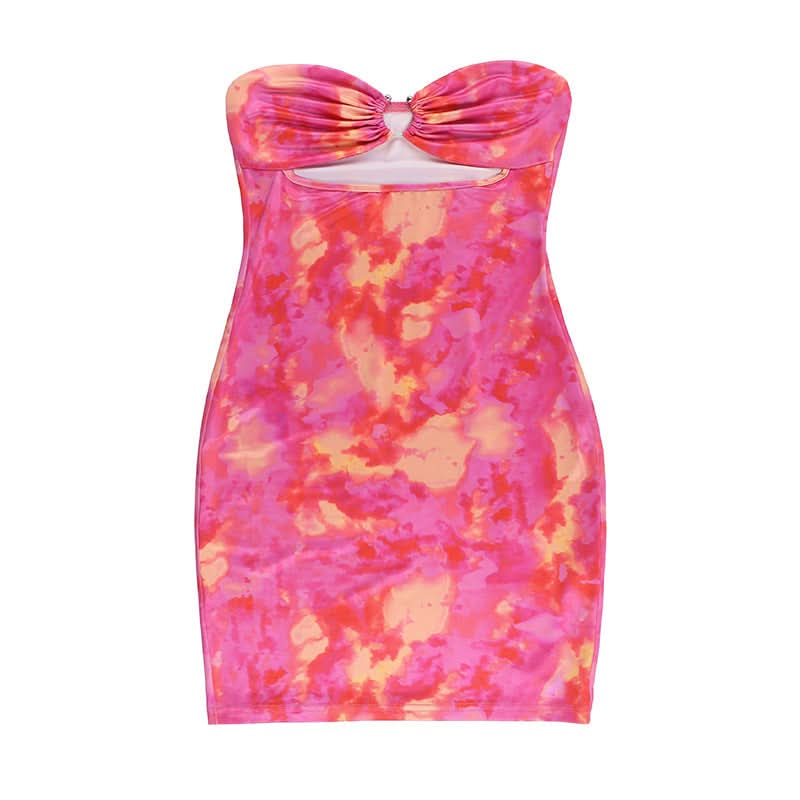 Hollow out ruched print tube cut out mini dress