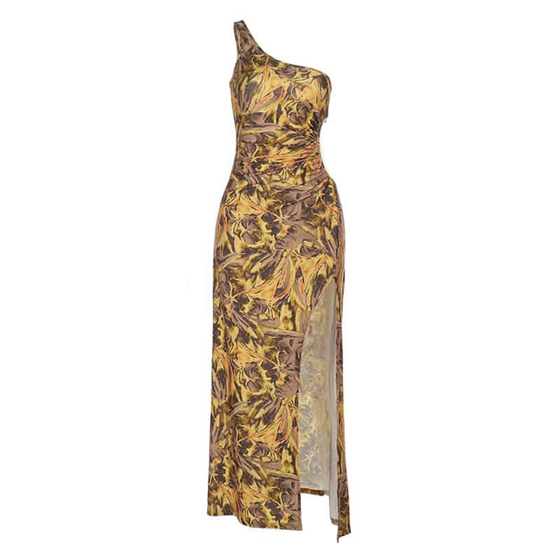 One shoulder slit ruched print hollow out cut out maxi dress