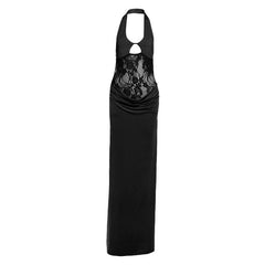 Halter lace hollow out ruched cut out maxi dress