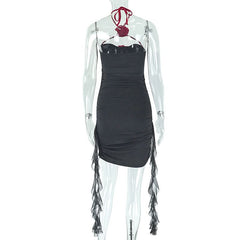 Halter padded ruched flower applique ruffle mini dress