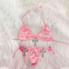 Halter cross applique self tie short pant set