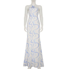 Ripple flower applique halter self tie maxi dress