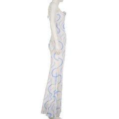Ripple flower applique halter self tie maxi dress