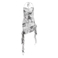 Cowl neck halter self tie irregular print mini dress