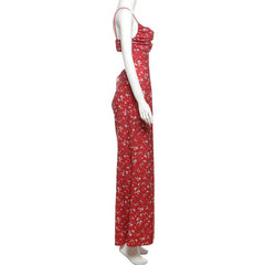 Zip-up ruched flower print slit cami maxi dress