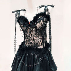 Fluffy lace hem self tie bowknot mini skirt set