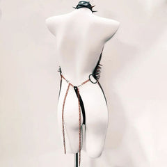 Metal chain o ring halter rivet applique bodysuit