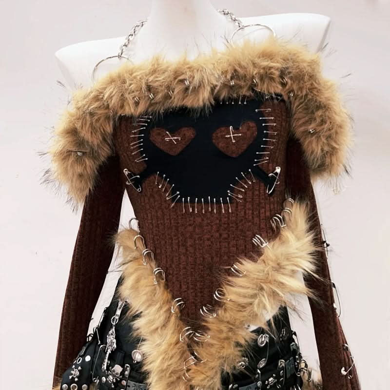 Long sleeve fluffy halter metal chain o ring top