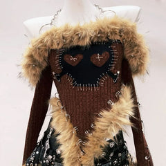 Long sleeve fluffy halter metal chain o ring top
