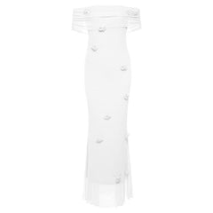Off shoulder ruffle flower applique ruched maxi dress
