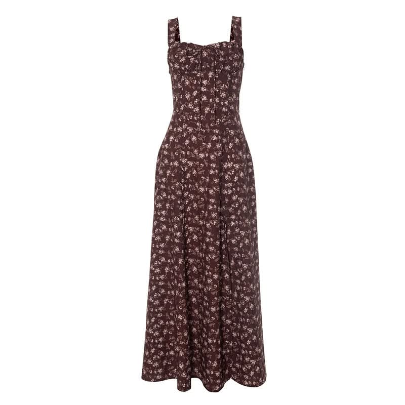 Slit flower print backless zip-up cami maxi dress