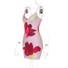 Deep v neck flower print cami mini dress