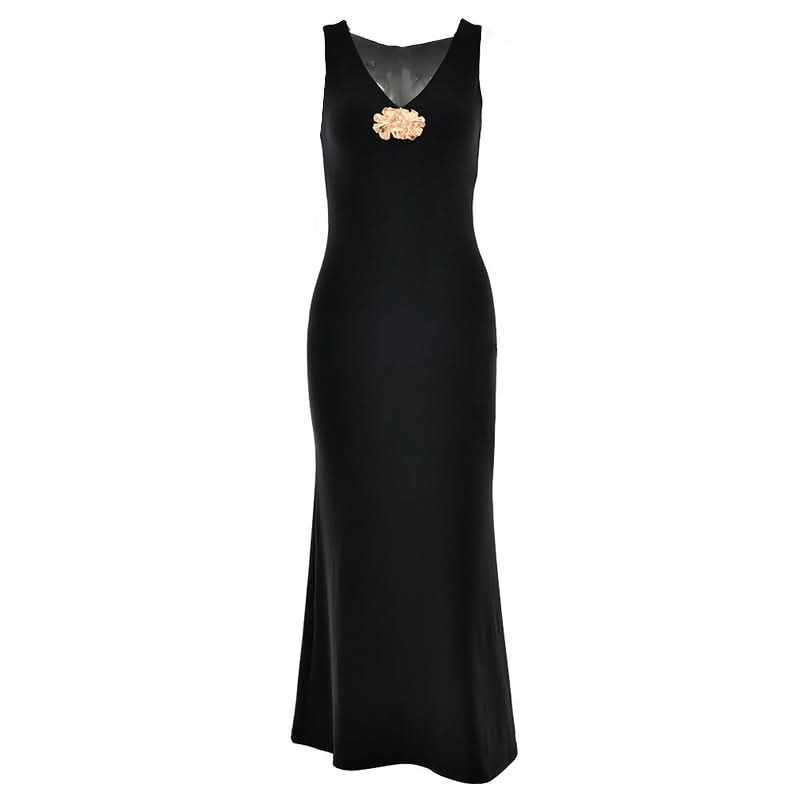 V neck sleeveless flower applique maxi dress