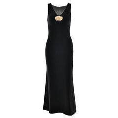V neck sleeveless flower applique maxi dress