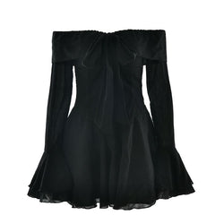 Off shoulder long flared mesh bowknot mini dress