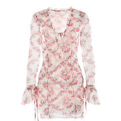 Long sleeve v neck flower print mesh mini dress