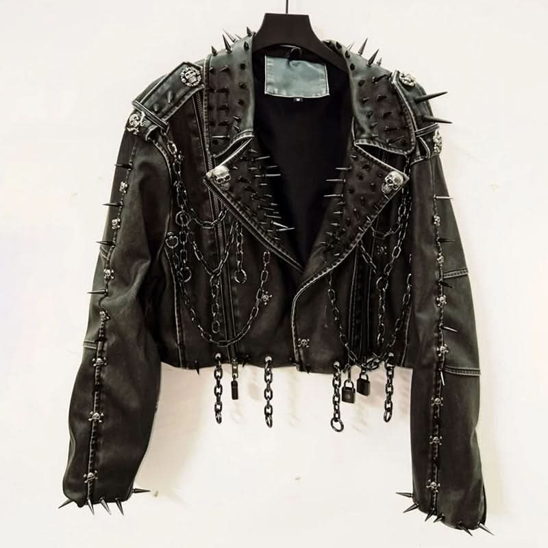 Long sleeve PU leather Skull applique zip-up top