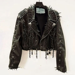 Long sleeve PU leather Skull applique zip-up top