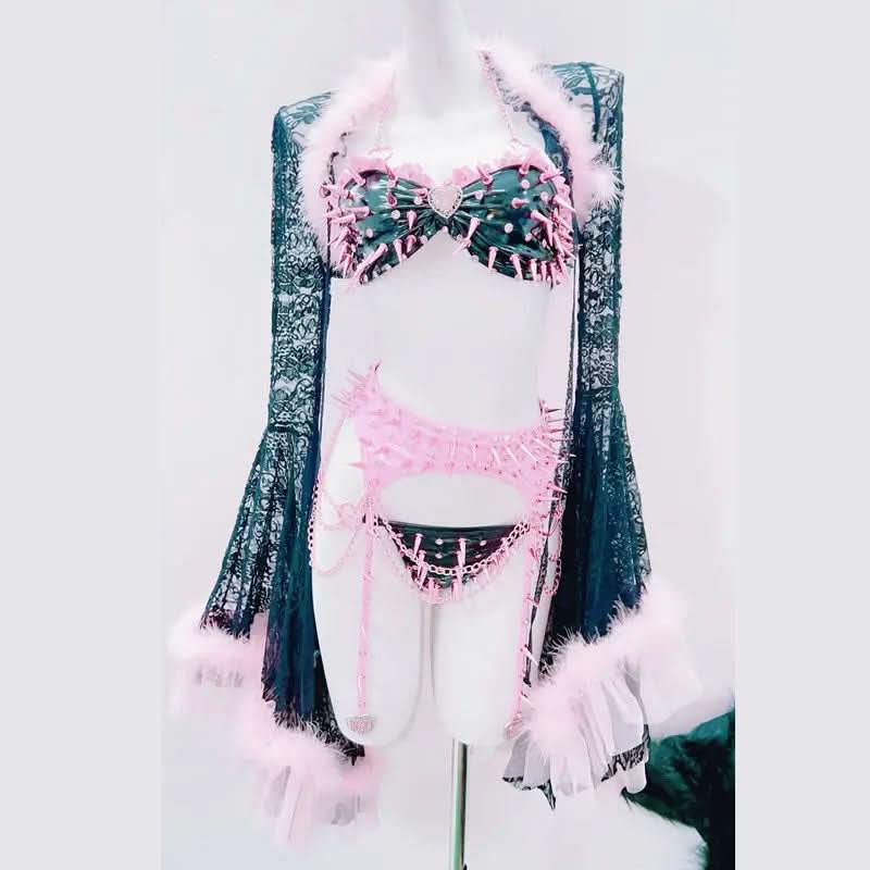 Long sleeve fluffy rivet applique metal chain pant set