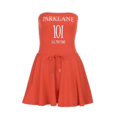 Self tie letter pattern backless tube mini dress