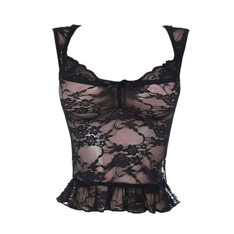 Lace self tie bowknot v neck see through top