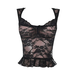 Lace self tie bowknot v neck see through top
