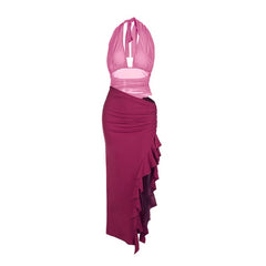 Halter ruffle slit ruched hollow out cut out maxi dress