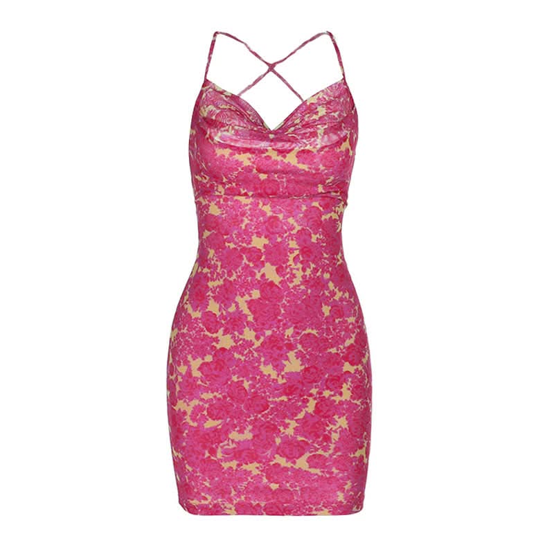 Cross back self tie cowl neck print mini dress