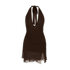 Halter self tie deep v neck slit ruched mini dress