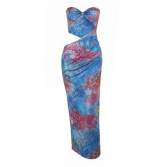 Irregular flower print hollow out slit tube cut out maxi dress