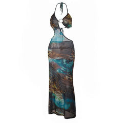 O ring hollow out halter self tie print cut out maxi dress