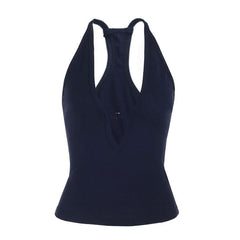 Hollow out v neck solid tank cut out top
