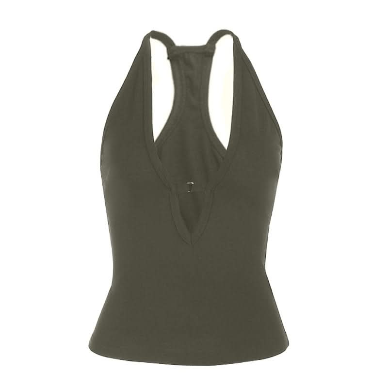 Hollow out v neck solid tank cut out top
