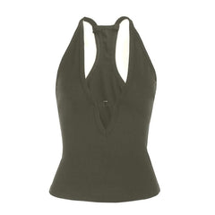Hollow out v neck solid tank cut out top