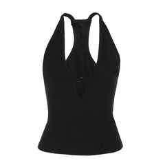 Hollow out v neck solid tank cut out top