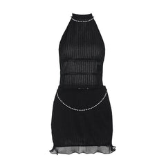 Beaded self tie halter ruffle mini skirt set