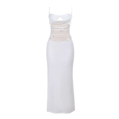Ruched hollow out flower applique cami cut out maxi dress