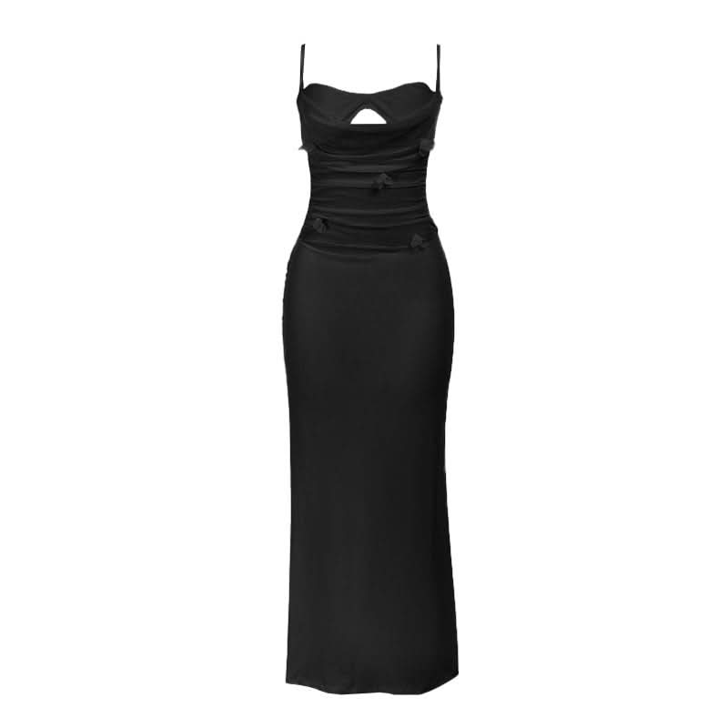 Ruched hollow out flower applique cami cut out maxi dress