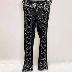 PU leather metal chain rivet pant
